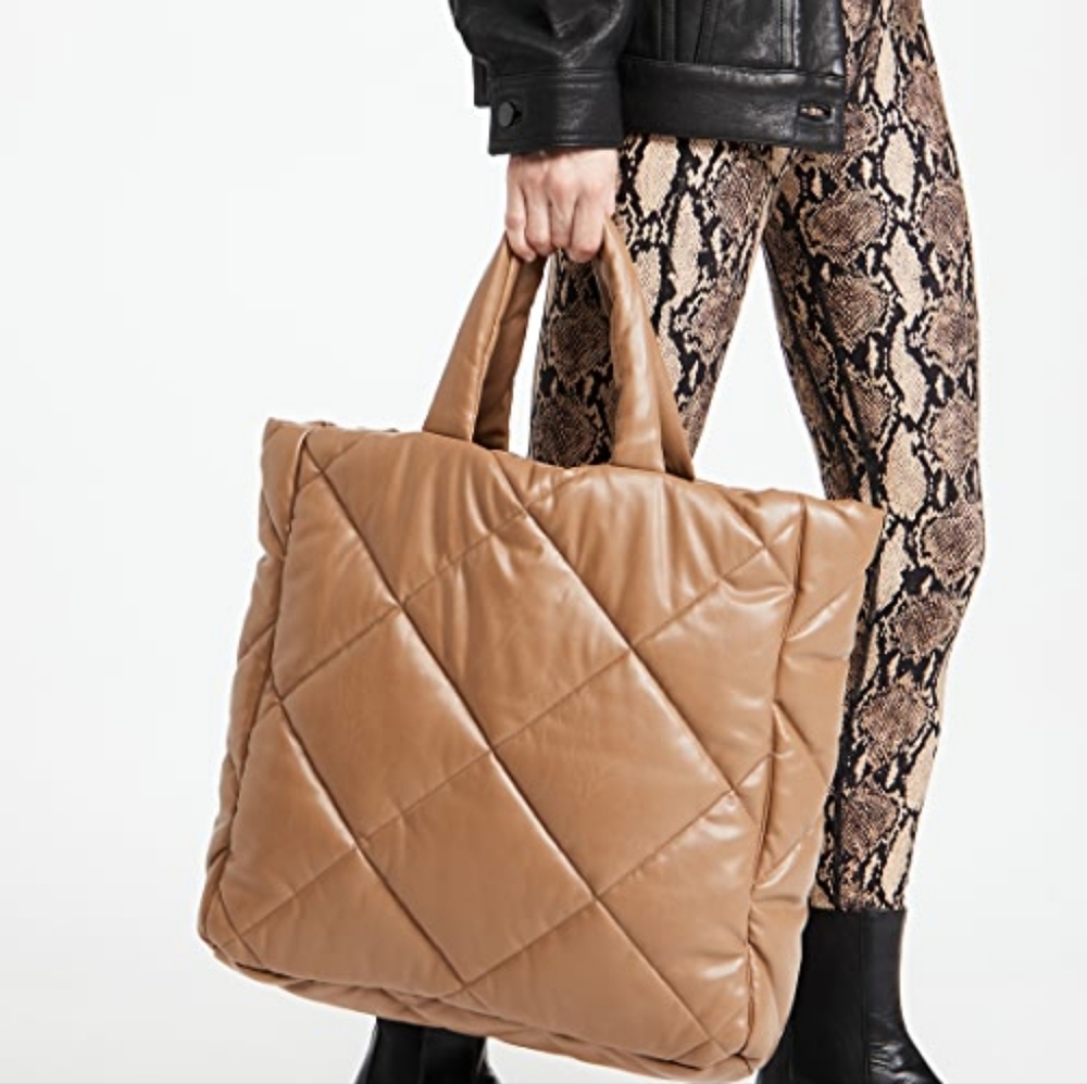 NWT STAND STUDIO Assante Diamond Taupe Brown Faux Leather Quilted Tote Bag - Picture 3 of 11